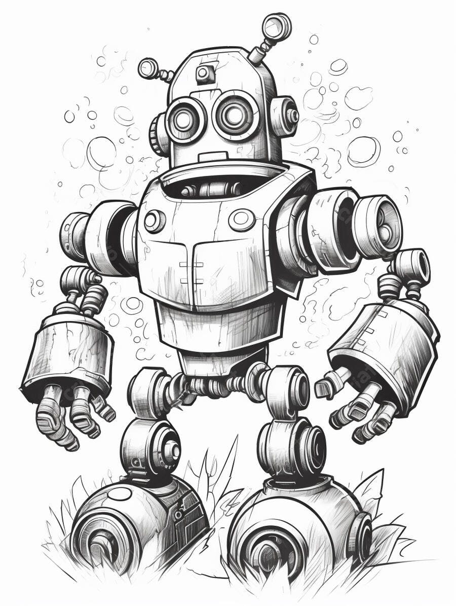 Robô mecânico vintage ilustração preto e branco em grama
