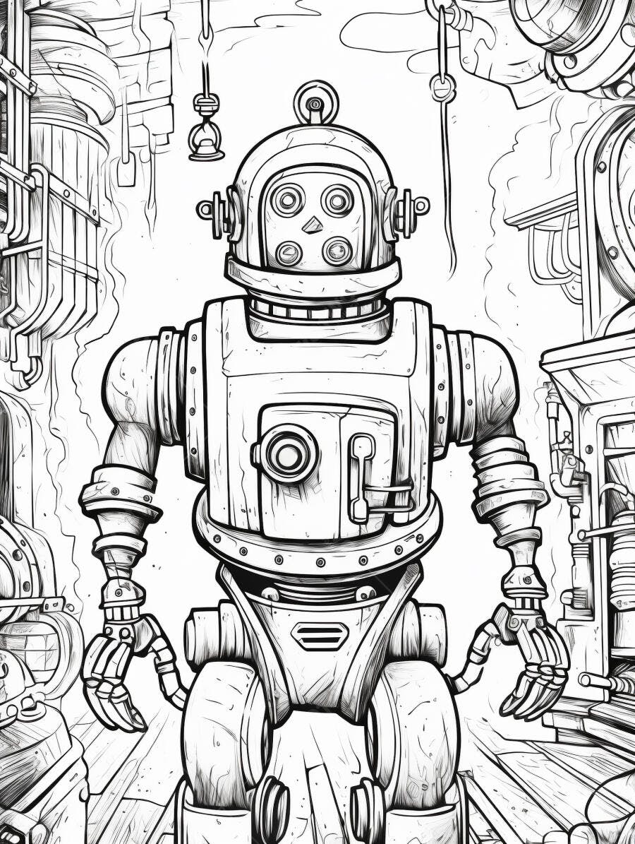 Robô steampunk detalhado em oficina industrial antiga