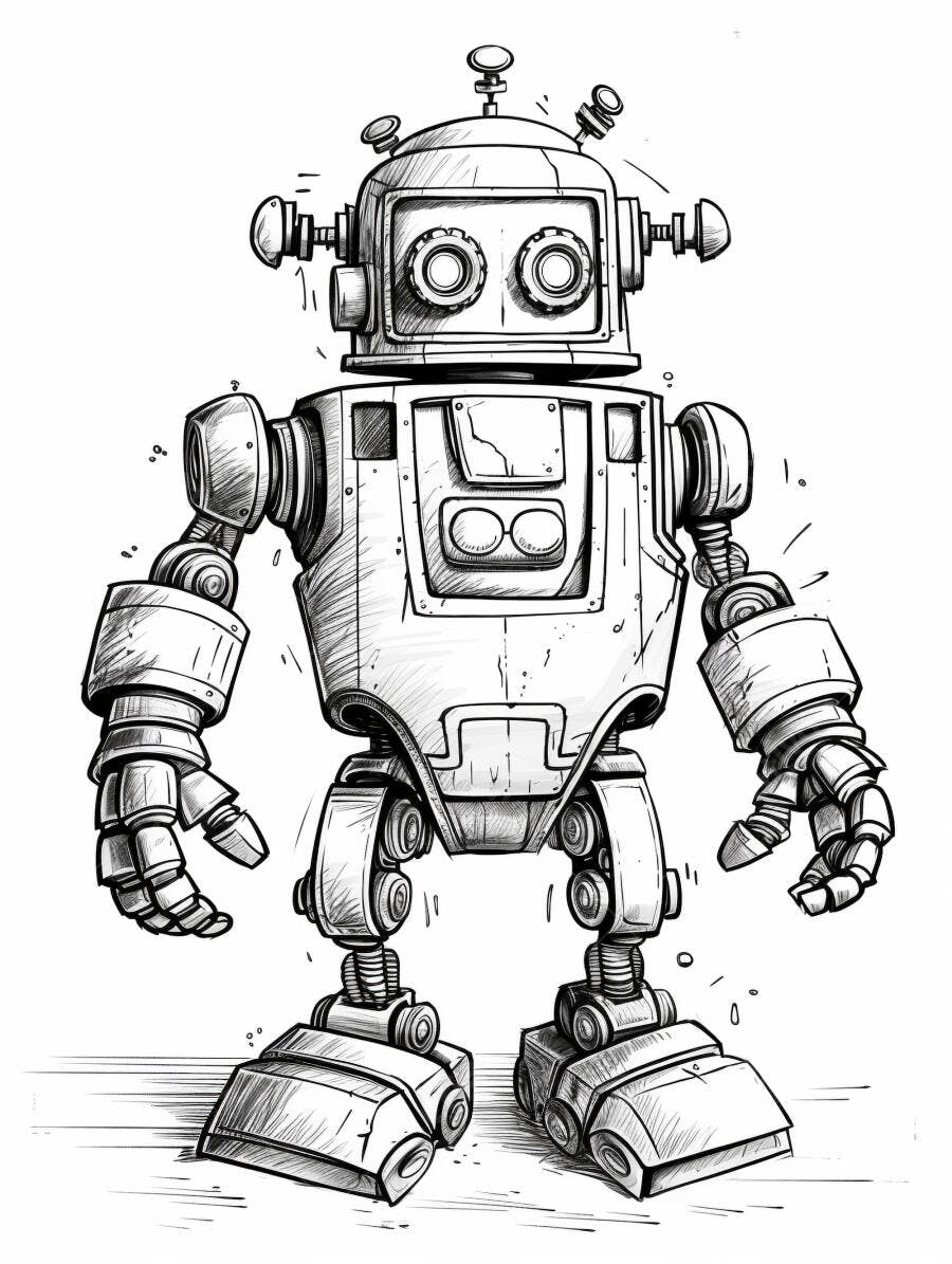 Robô vintage ilustração preta e branca estilo desenho animado
