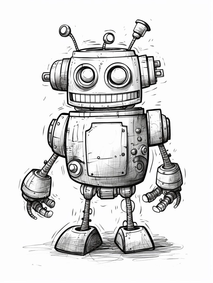 Robô de desenho animado sorrindo em estilo rascunho preto e branco
