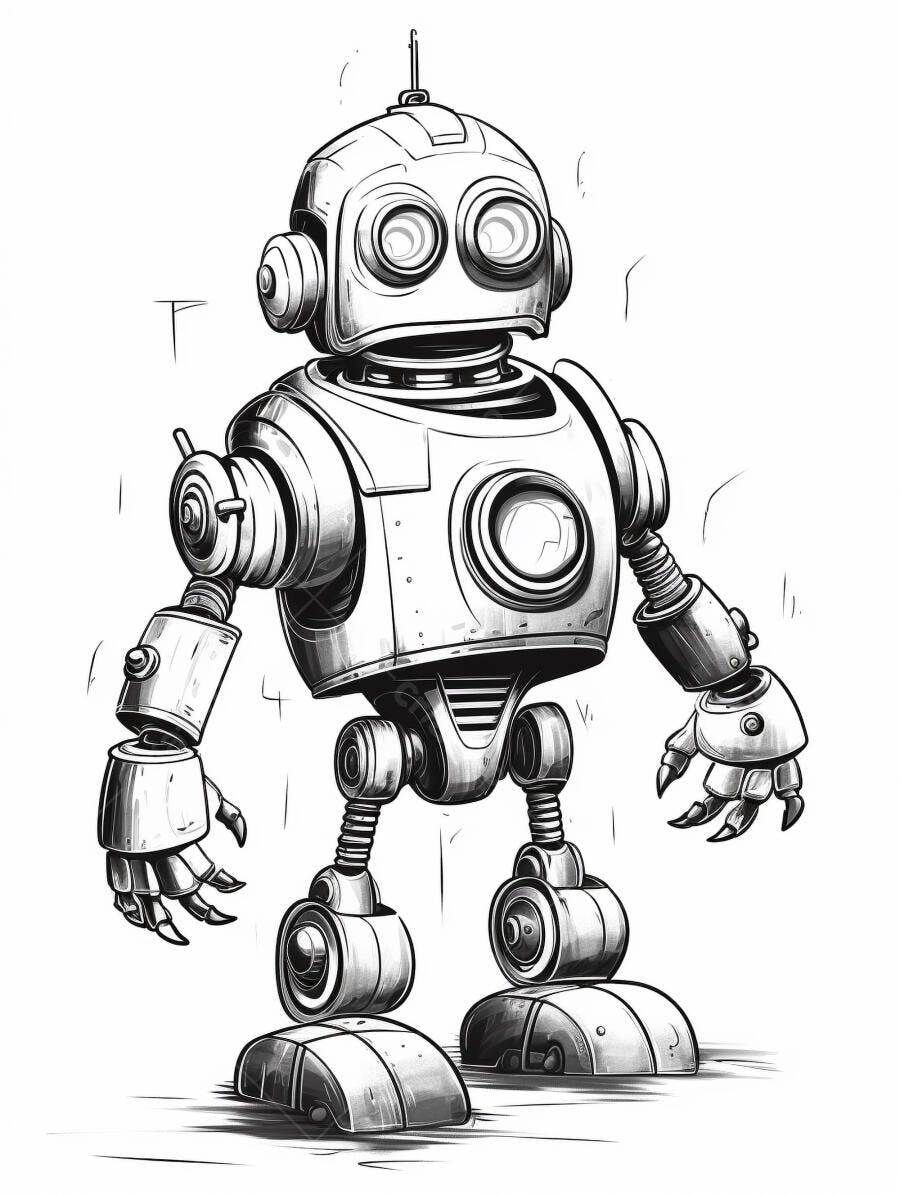 Robô vintage cinza estilo cartoon para design ou colorir