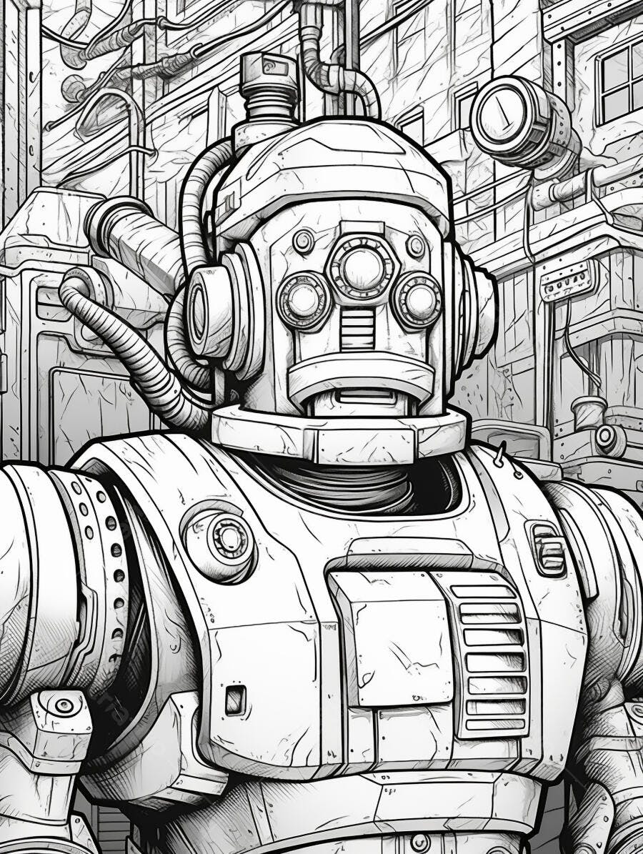 Robô detalhado em linha preta e branca cenário industrial futurista
