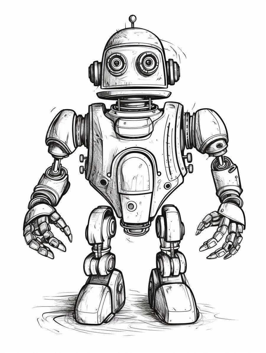Robô vintage desenho preto e branco com grandes olhos redondos ilustração