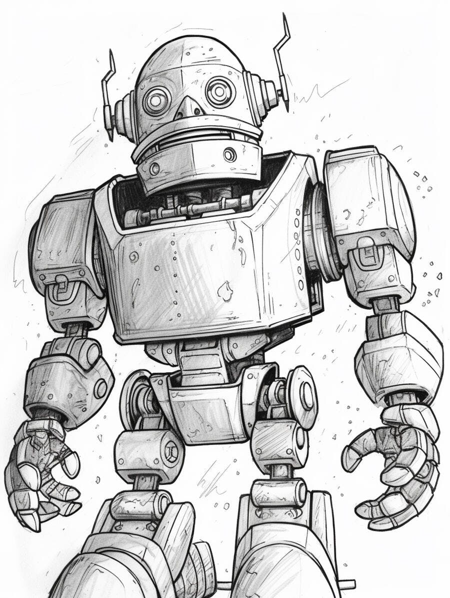 Robô vintage desenhado à mão estilo ficção científica em preto e branco