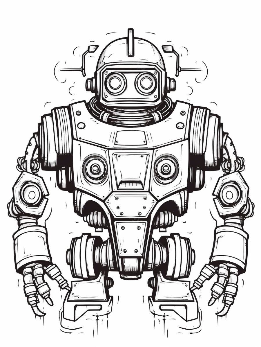 Robô estilo vintage ilustração preto e branco com detalhes futuristas