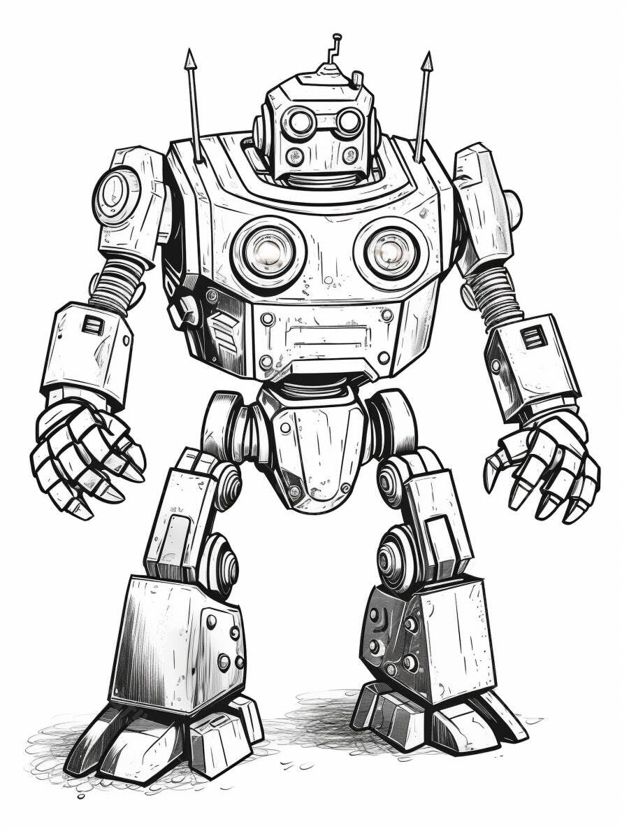 Robô metálico estilo vintage ilustração preto e branco em pé