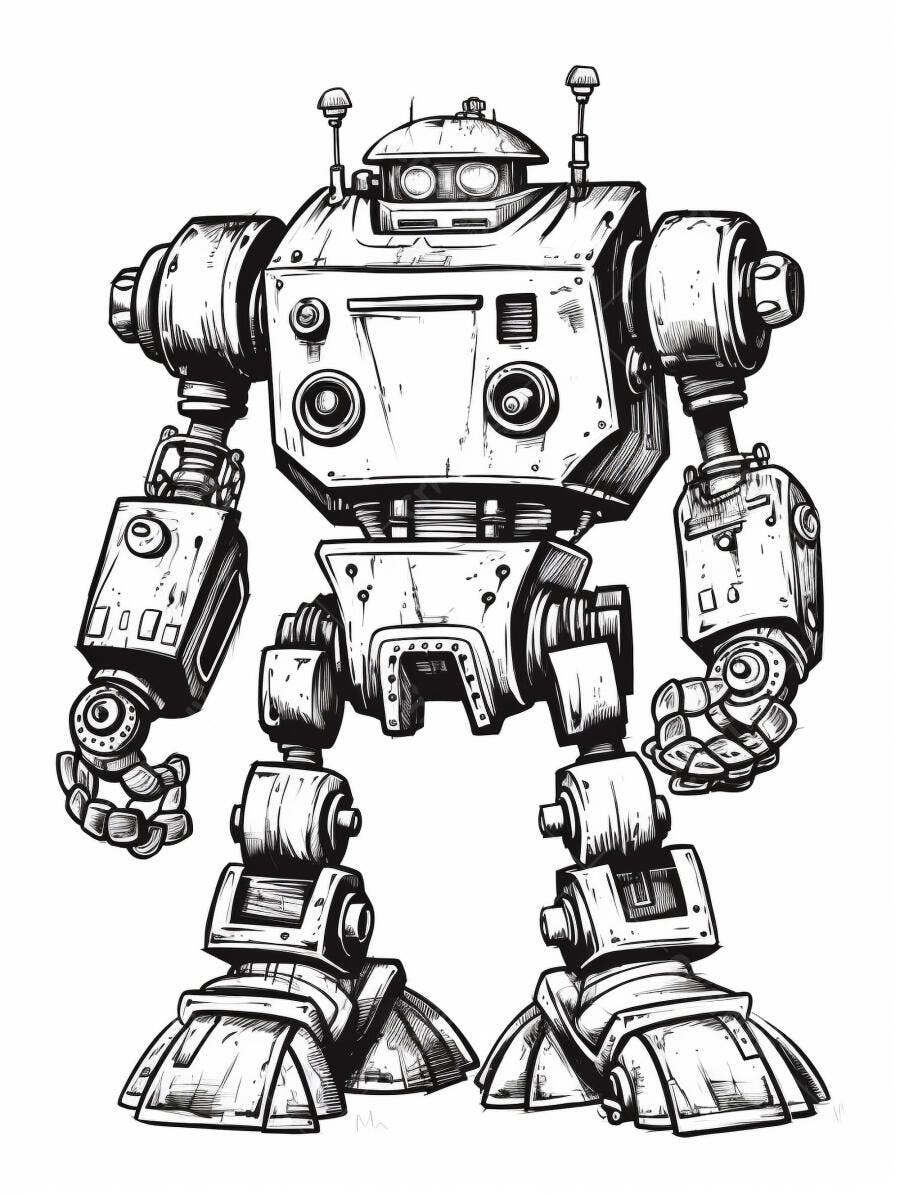 Robô vintage de desenho animado em preto e branco com antenas