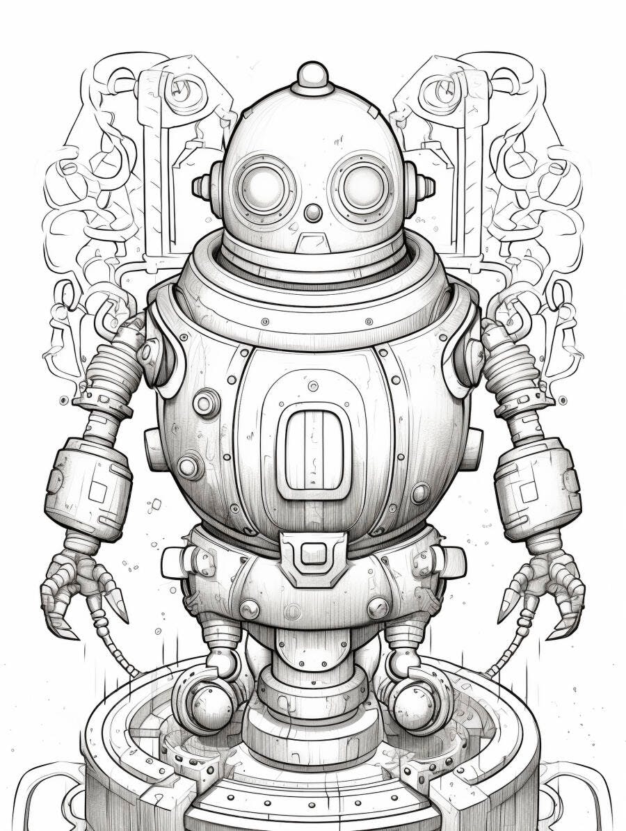 Robô steampunk vintage desenho detalhado para colorir em estilo retrô