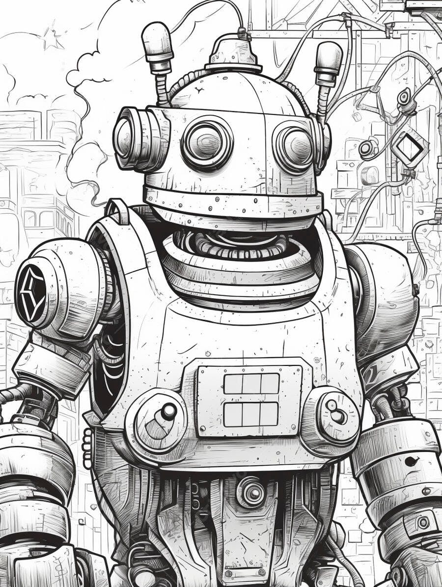 Robô detalhado em estilo steampunk urbano ilustração preto e branco