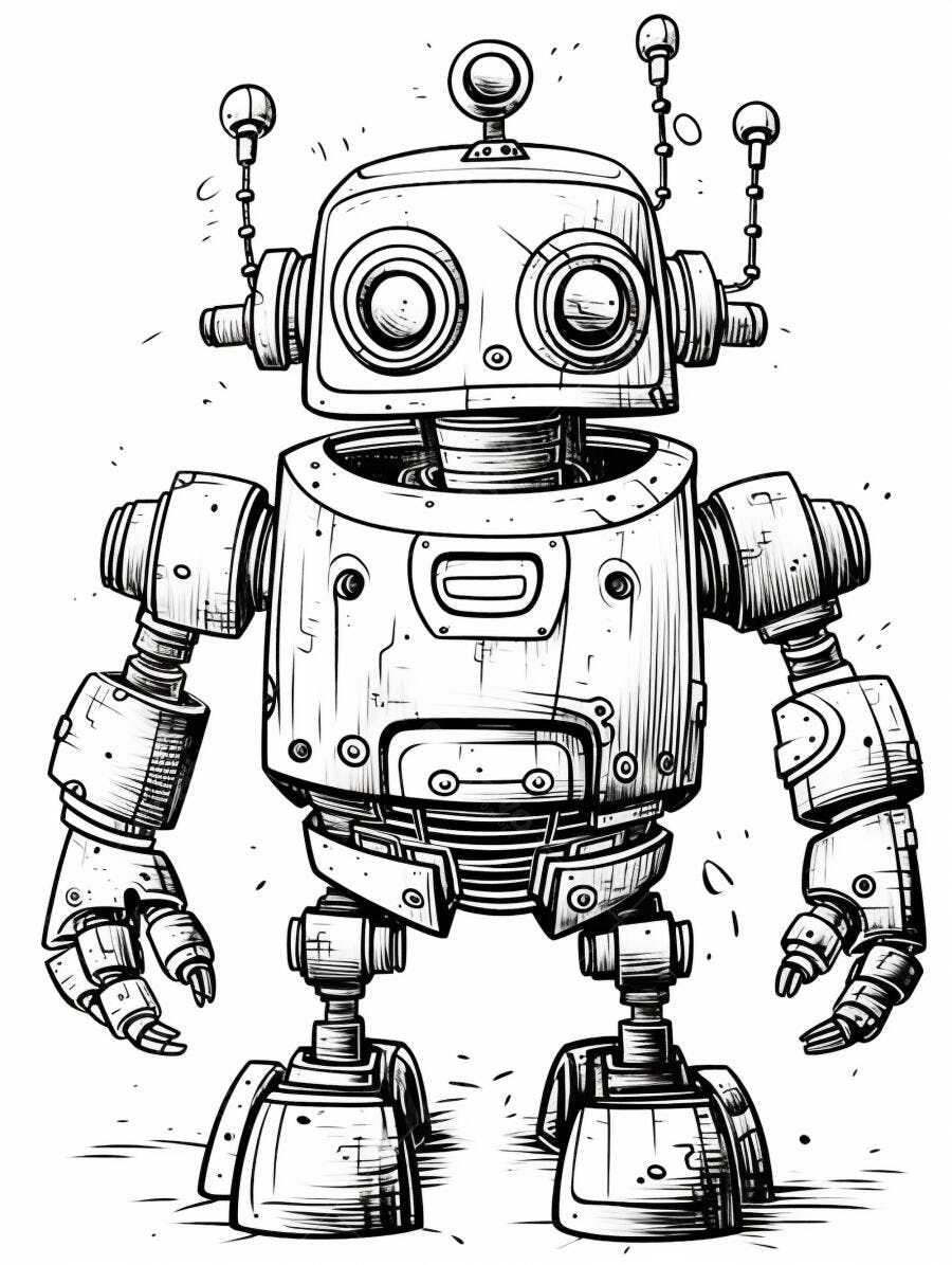 Robô vintage desenho linha preta e branca ilustração infantil