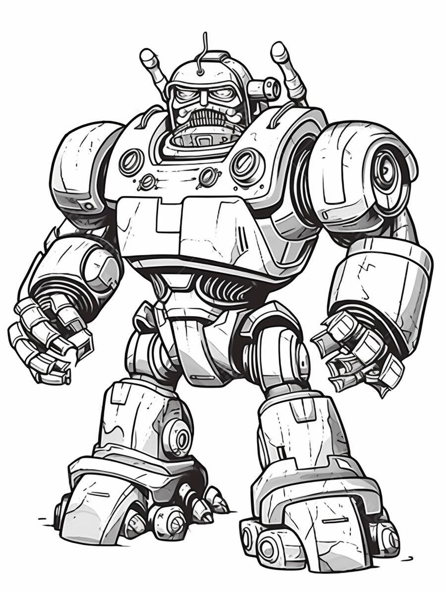 Robô gigante de armadura forte em ilustração monocromática de ficção científica