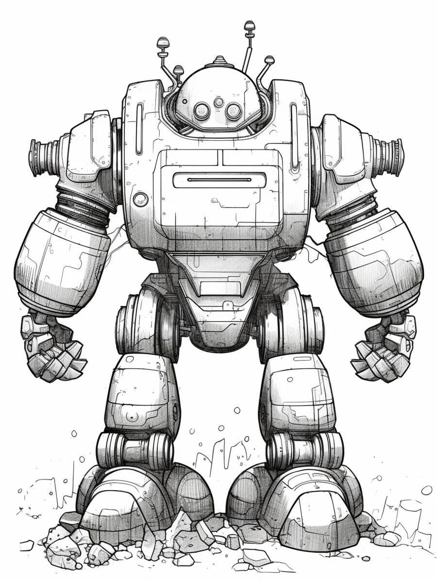 Robô mecânico gigante cinza e branco sobre ruínas ilustração futurista