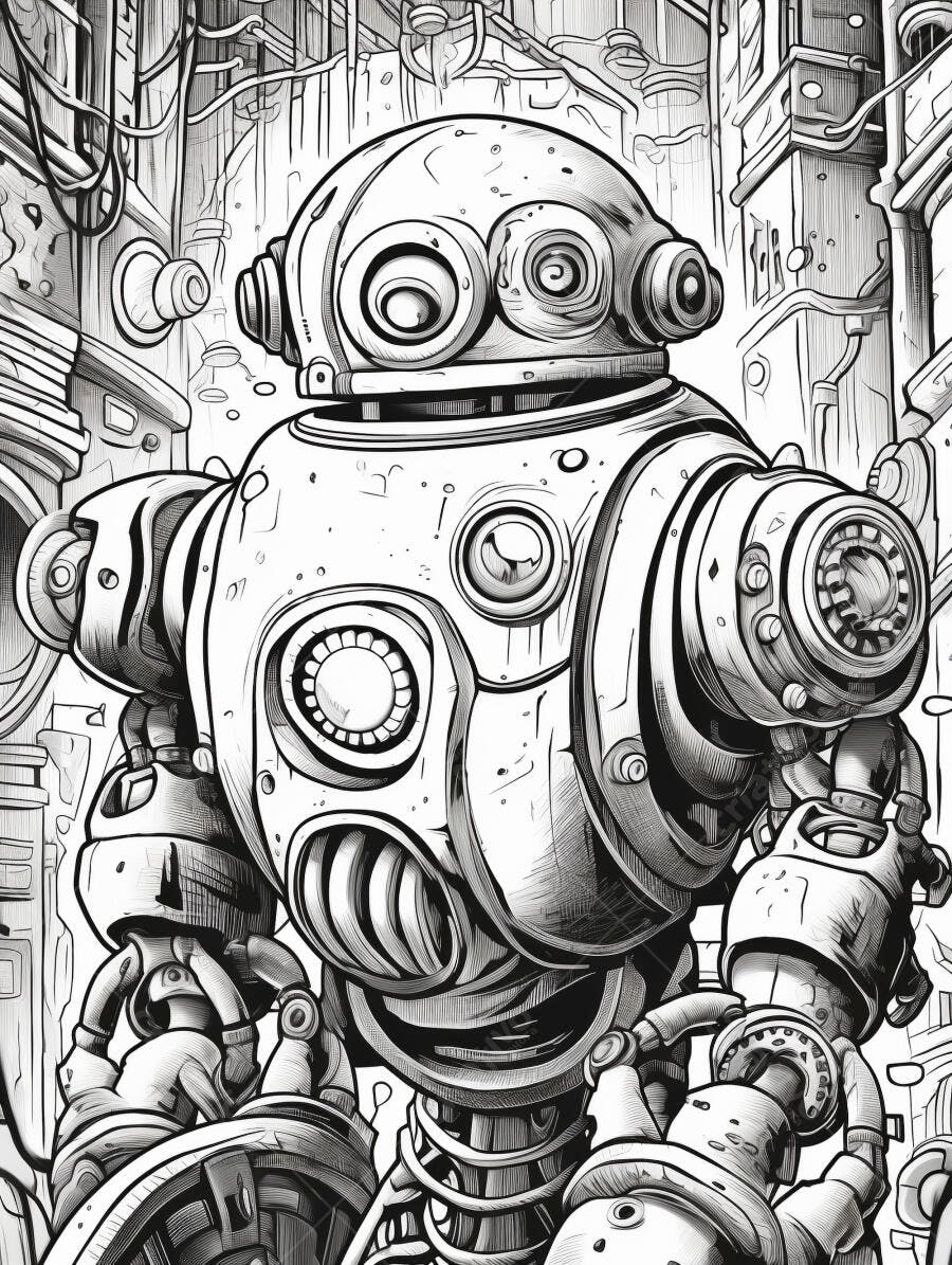 Robô detalhado em estilo arte linear futurista com fundo industrial