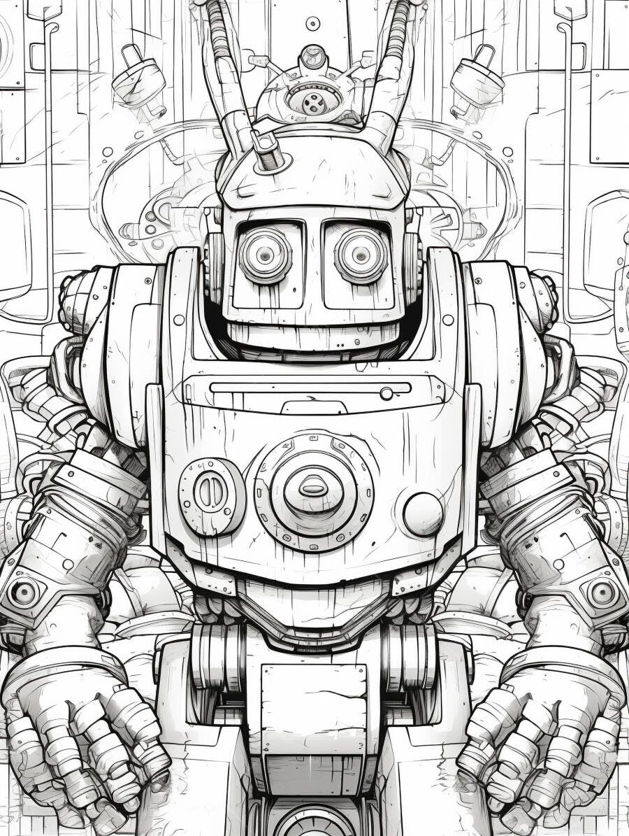 Robô detalhado desenho de linha estilo steampunk com fundo técnico