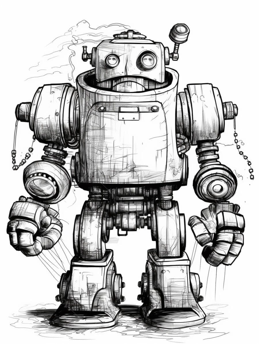 Robô vintage a vapor com punhos cerrados ilustração em preto e branco