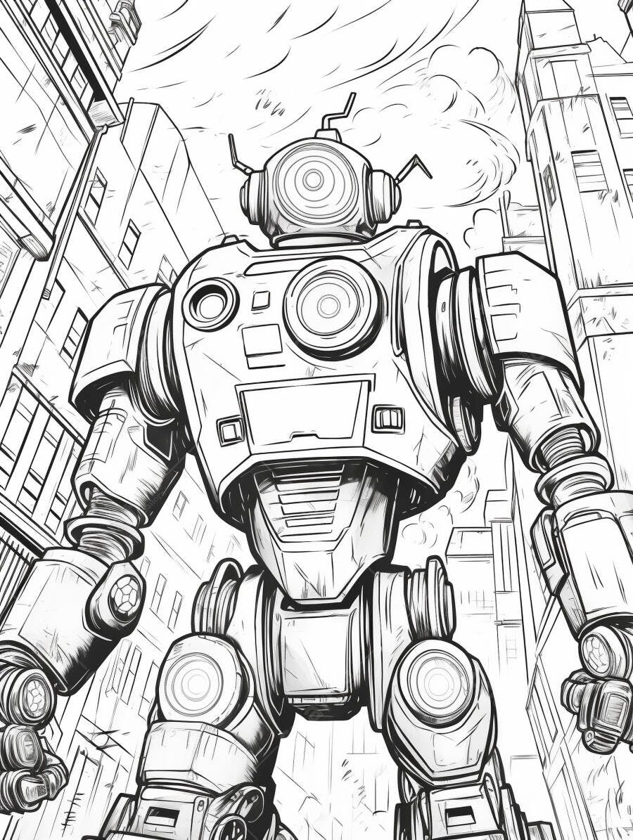 Robô gigante em cidade futurista desenho preto e branco vista baixa