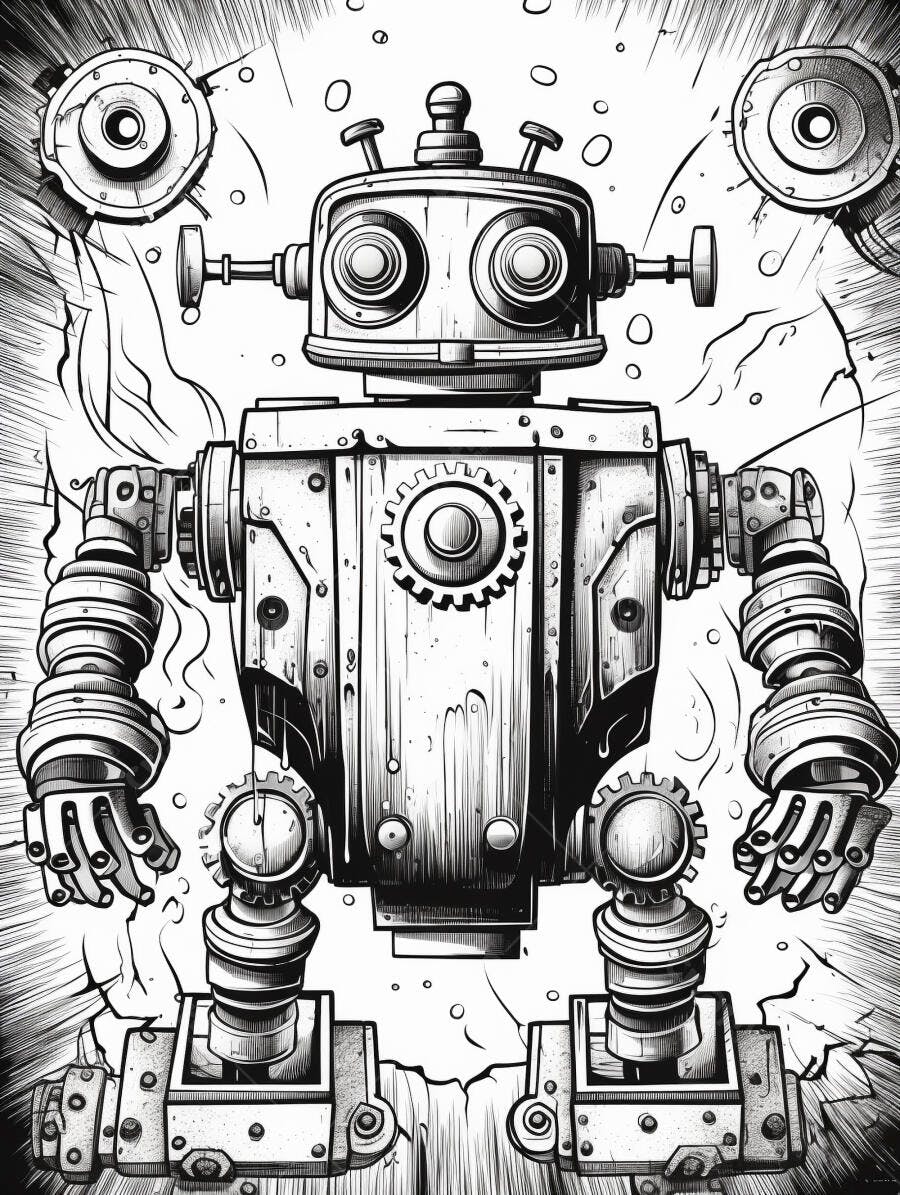 Robô mecânico vintage preto e branco ilustração detalhada com engrenagens