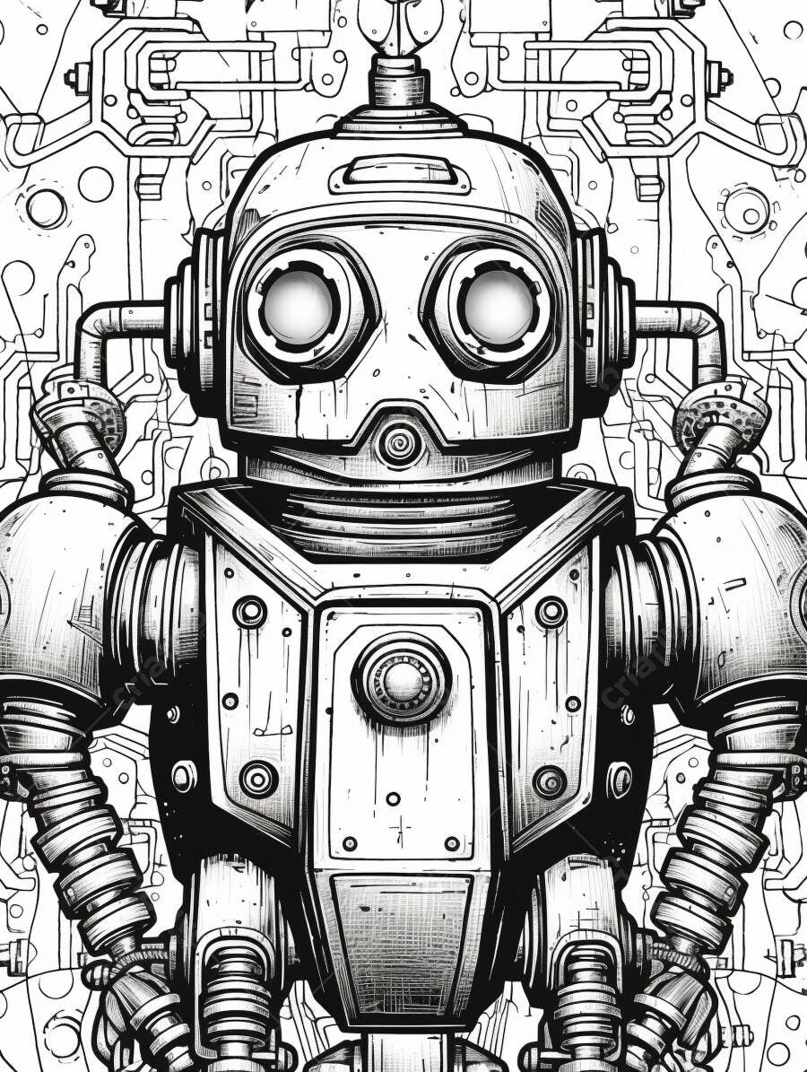 Robô vintage estilo steampunk ilustração preto e branco detalhada