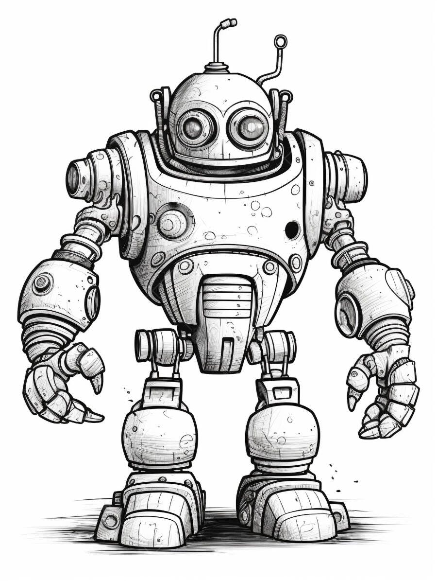 Robô vintage desenho preto e branco estilo cartoon com olhos grandes