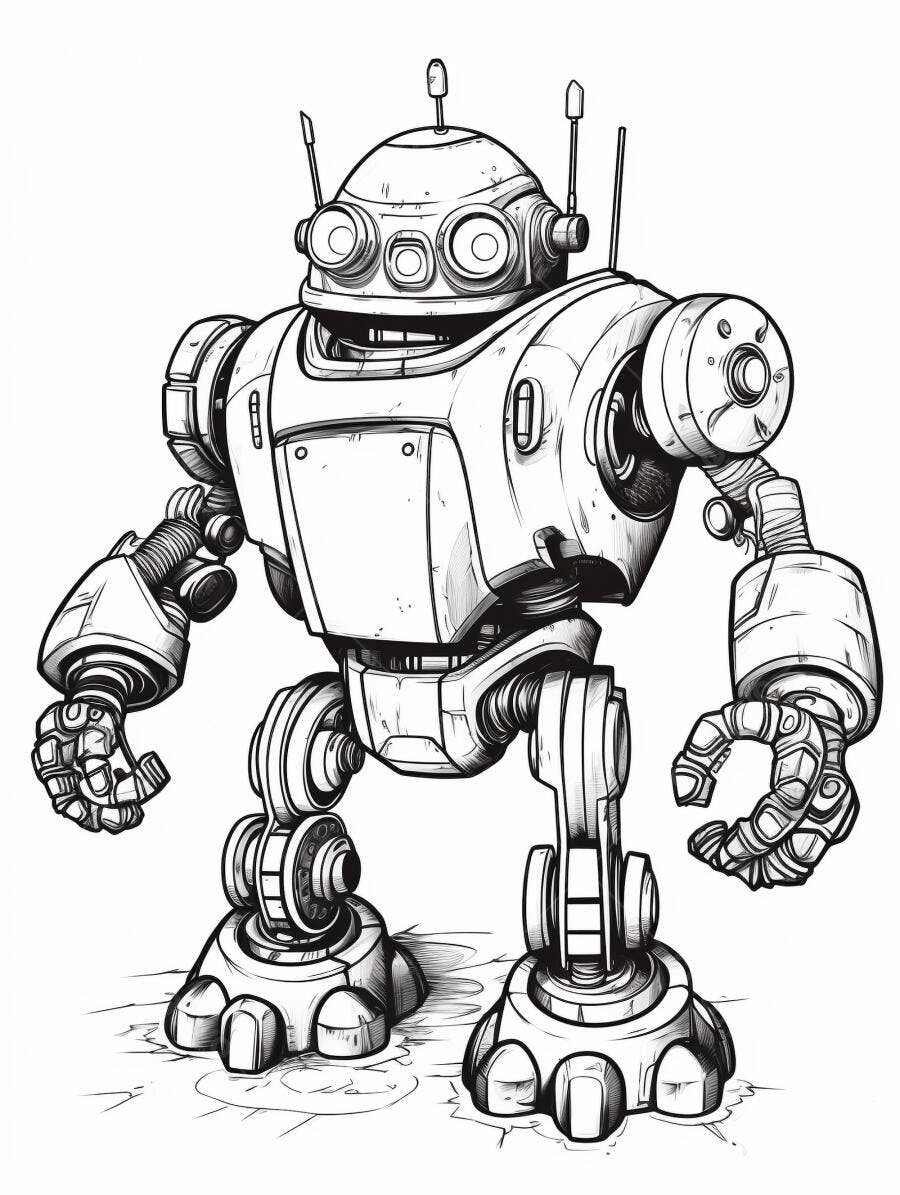 Robô amigável desenho de linha preto e branco para colorir