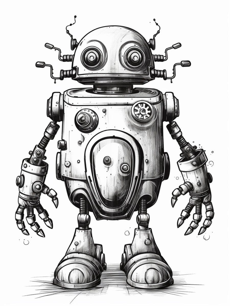 Robô vintage mecânico ilustração preto e branco