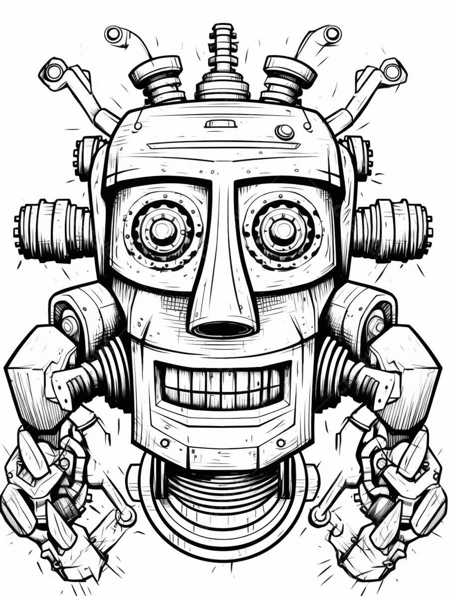 Robô sorridente estilo desenho animado em preto e branco com detalhes mecânicos