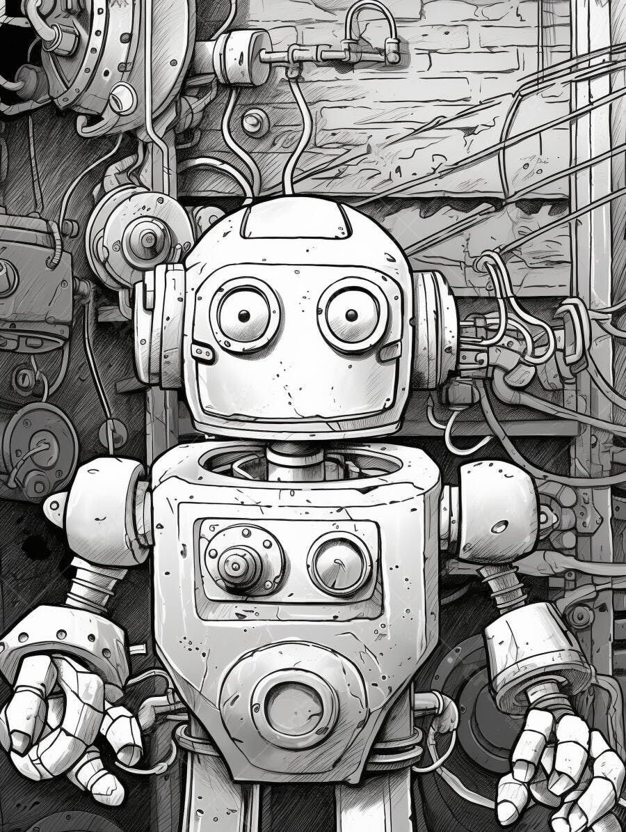 Robô de desenho animado com olhos arregalados em cenário industrial monocromático