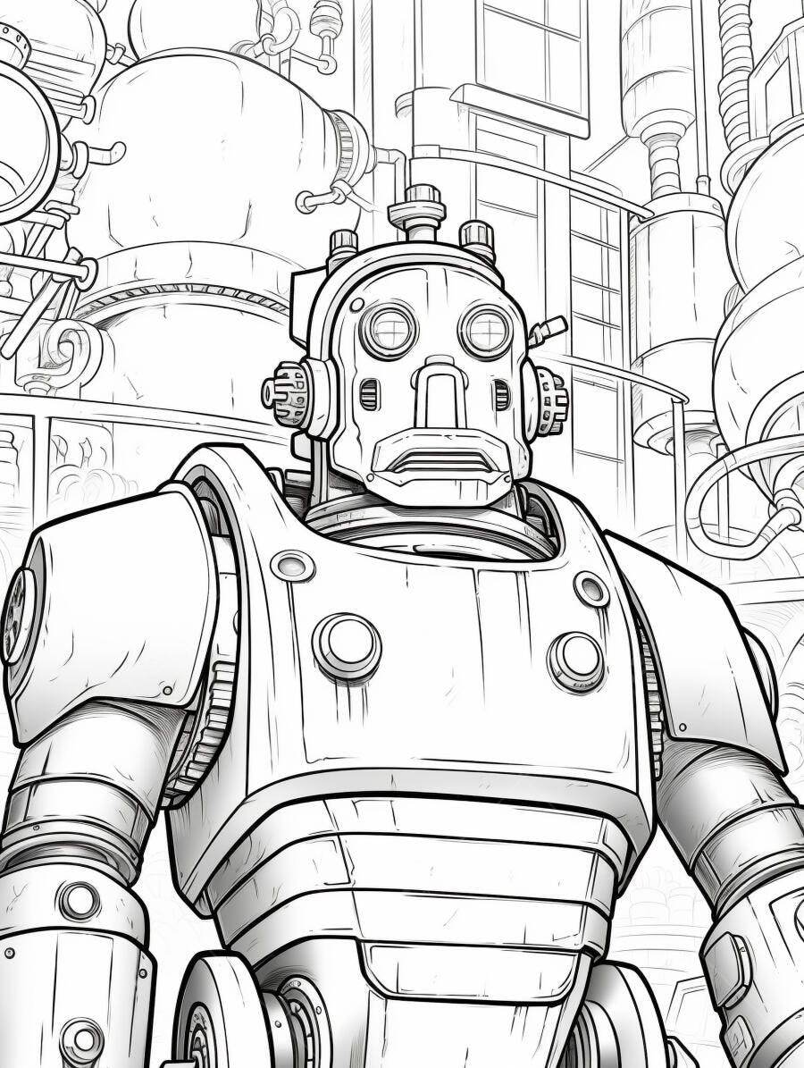 Robô vintage estilo desenho para colorir em fábrica industrial