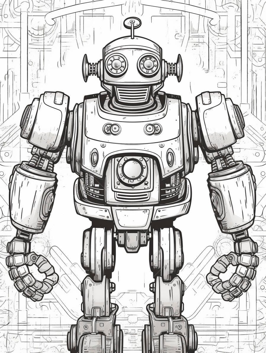Robô vintage estilo desenho em preto e branco com fundo de fábrica