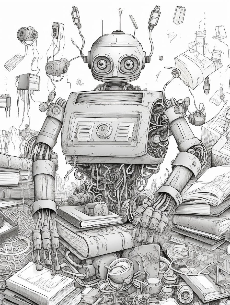 Robô vintage entre livros e fios ilustração em preto e branco