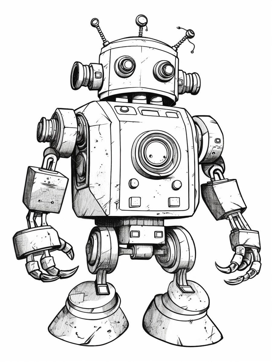 Robô vintage estilo desenho animado em preto e branco
