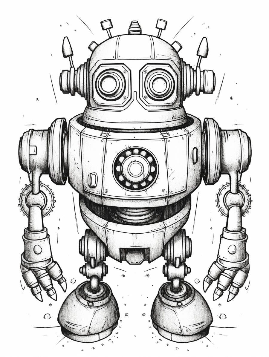 Robô vintage fofo em desenho preto e branco para colorir