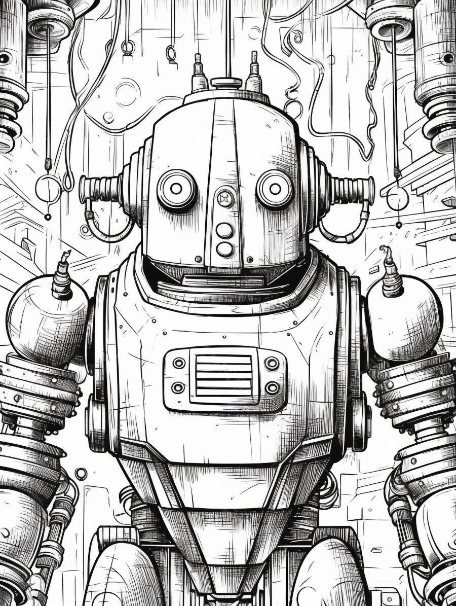 Robô vintage preto e branco em ilustração estilo desenho de fábrica industrial