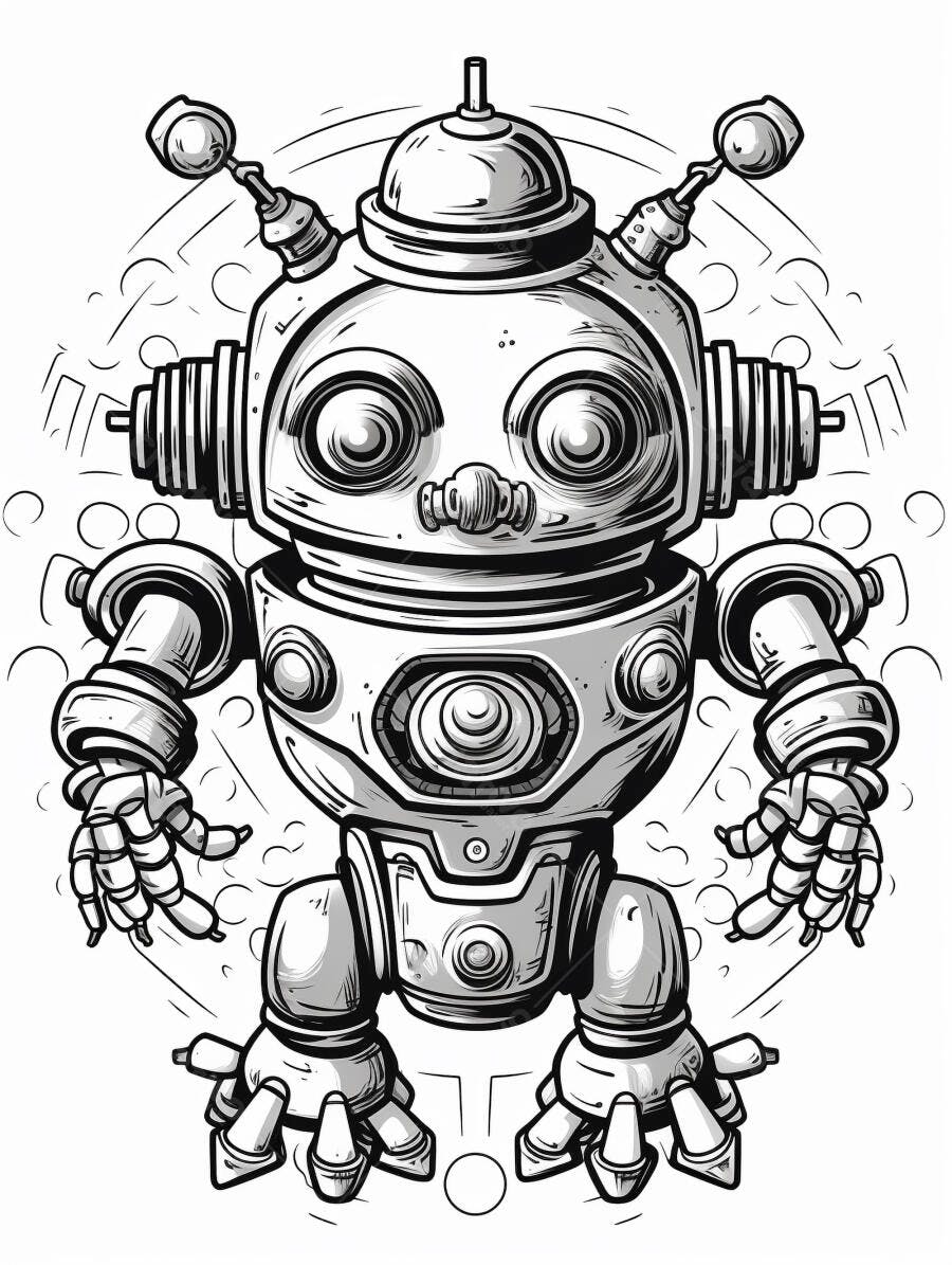 Robô vintage ilustração preto e branco com olhos grandes e antenas