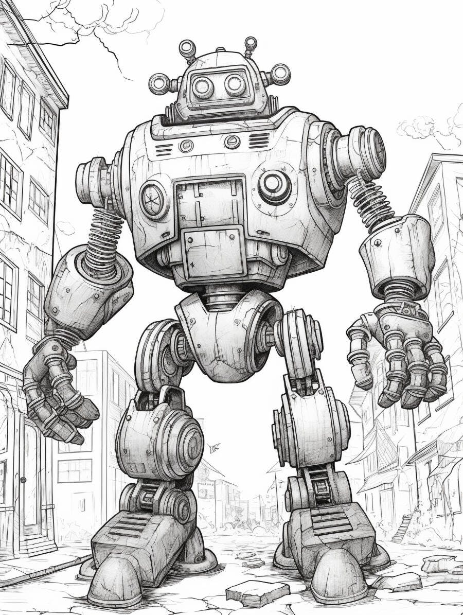 Robô gigante vintage estilo desenho em rua de cidade com prédios antigos
