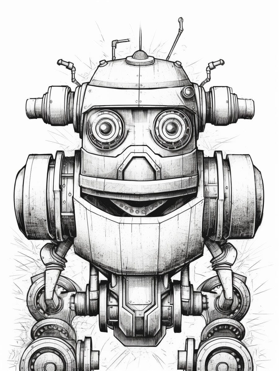 Robô mecânico sorrindo ilustração cartoon detalhada em preto e branco