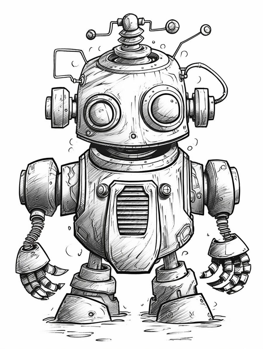 Robô desenho linha preto e branco estilo retrofuturista olhos grandes