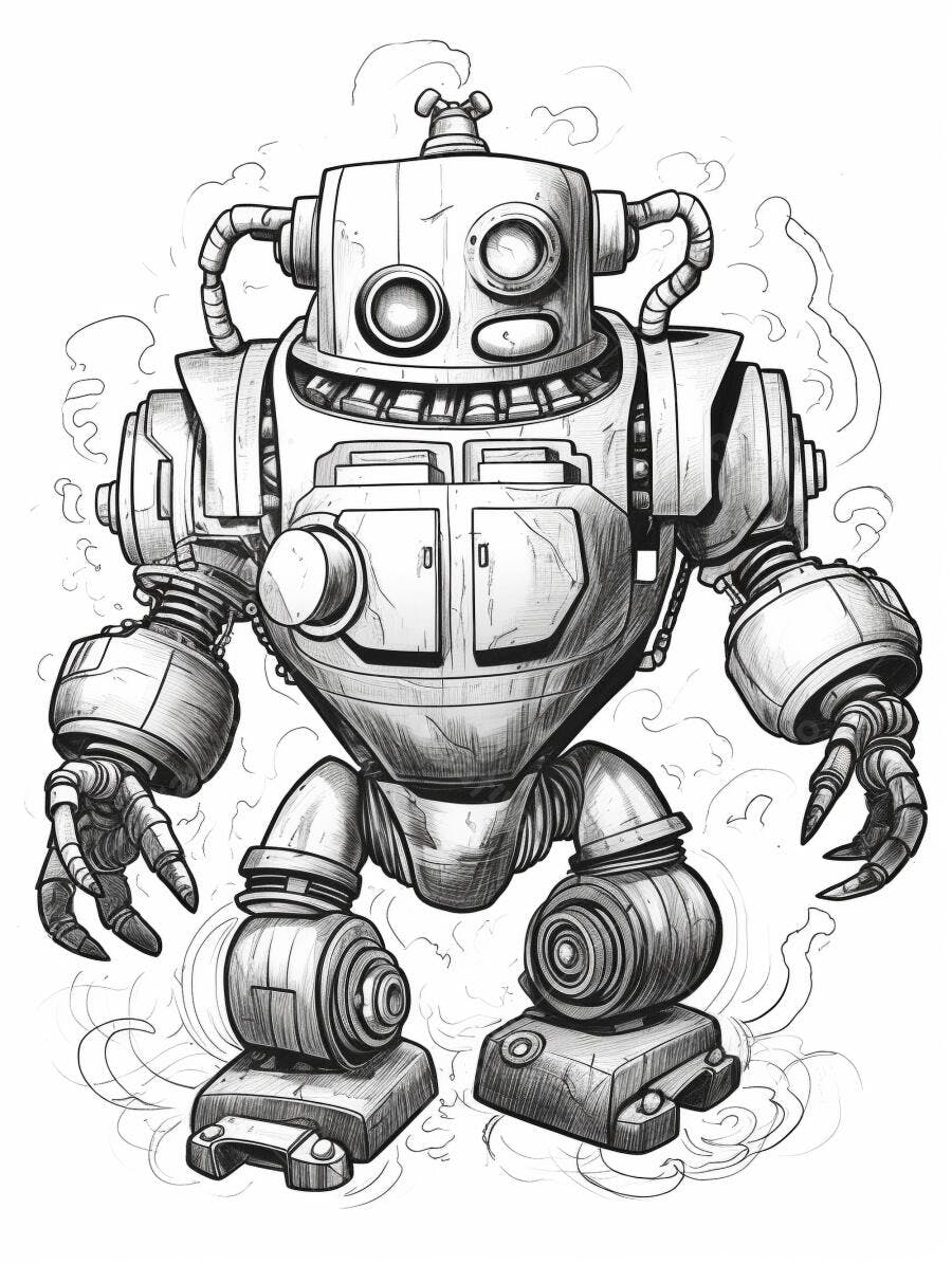 Robô desenho linha estilo steampunk olhos grandes fumaça ao redor
