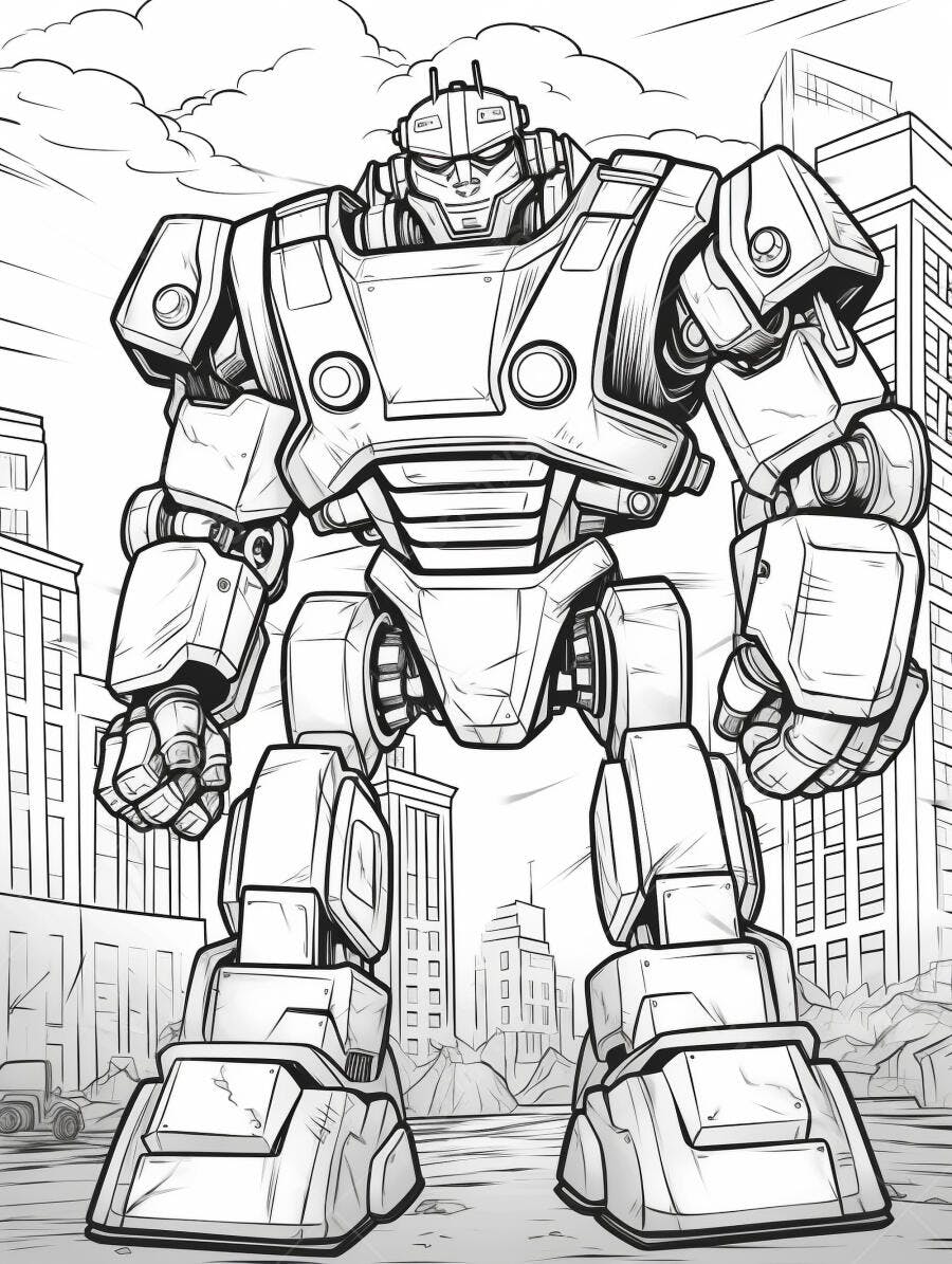 Robô gigante em cidade futurista desenho para colorir