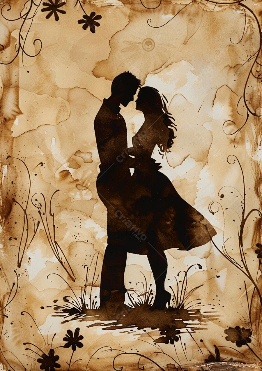 Casal silhueta abraçado em arte de café abstrata com flores