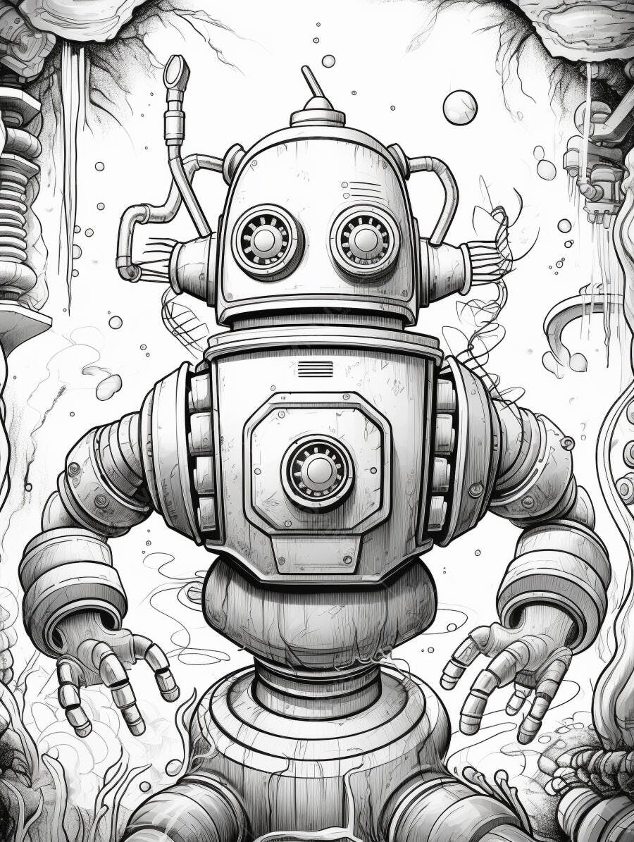 Robô vintage futurista em ambiente industrial monocromático