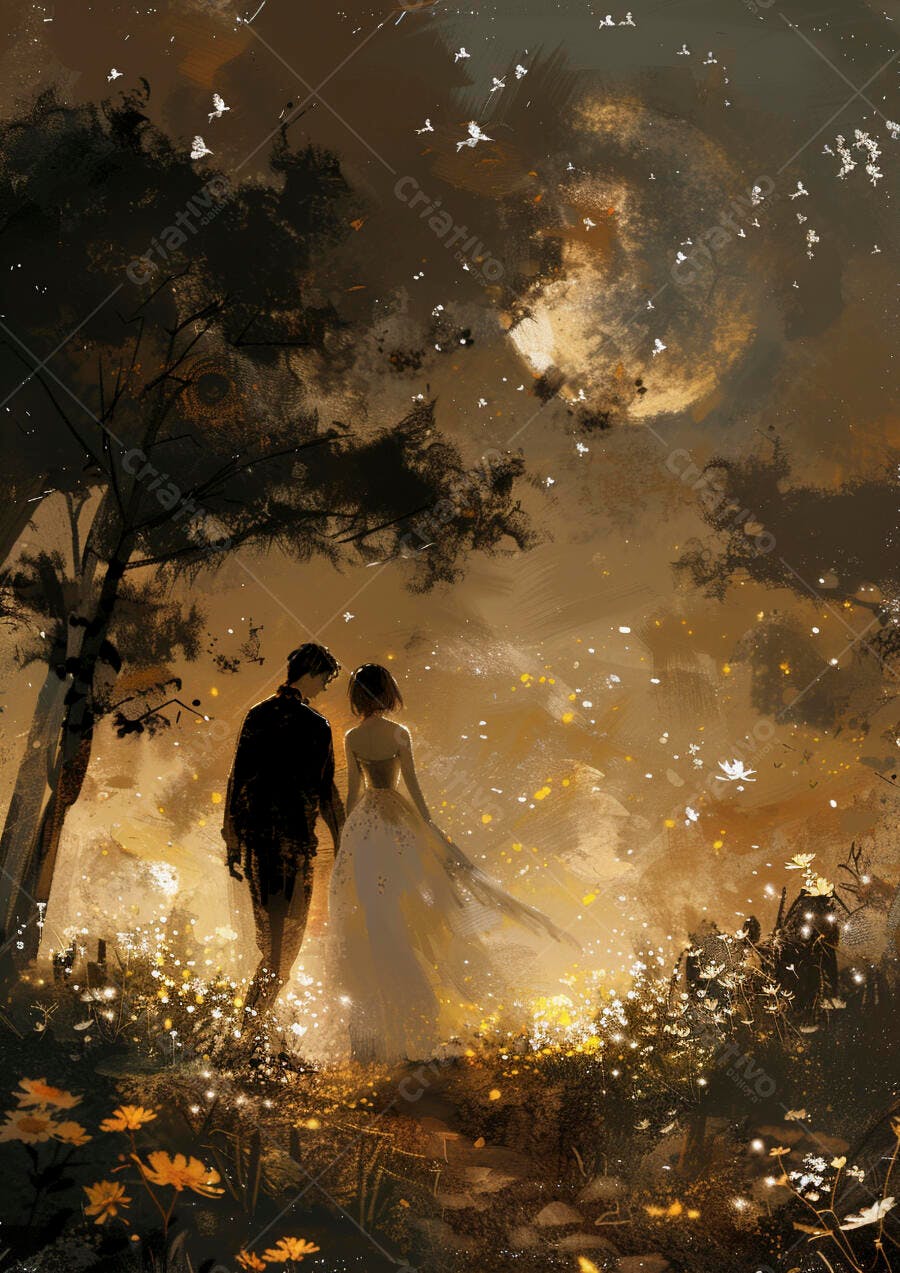 Casal romântico andando em floresta mágica sob a luz da lua dourada