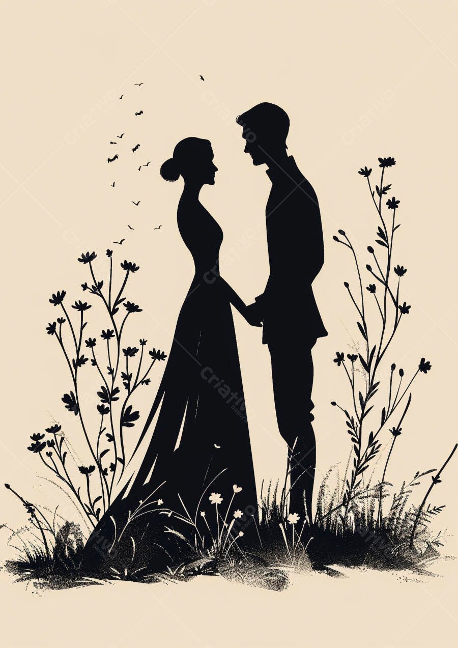 Casal elegante em silhueta preta de mãos dadas em campo florido ao entardecer