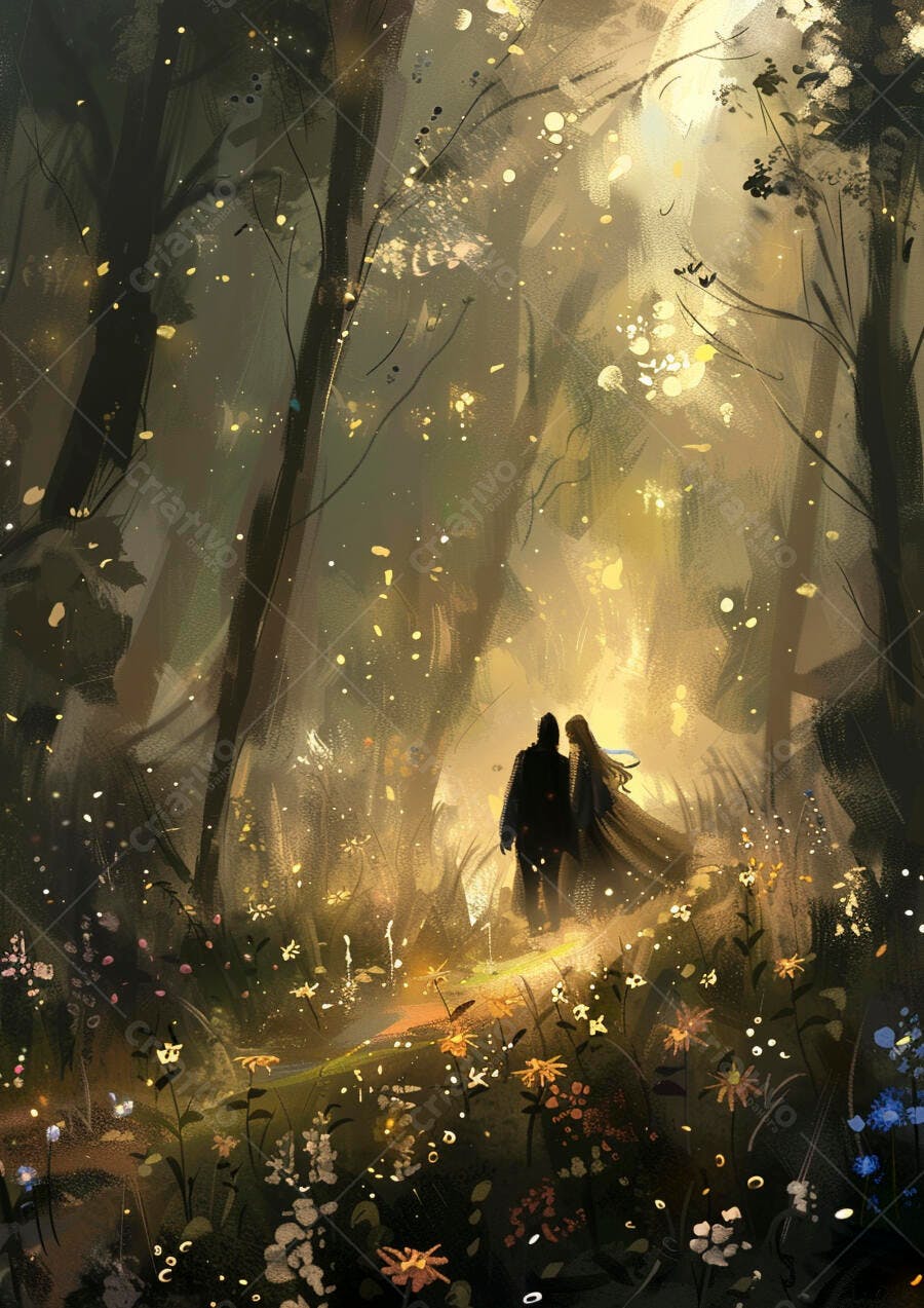 Casal caminhando em floresta mágica com luz dourada e flores vibrantes
