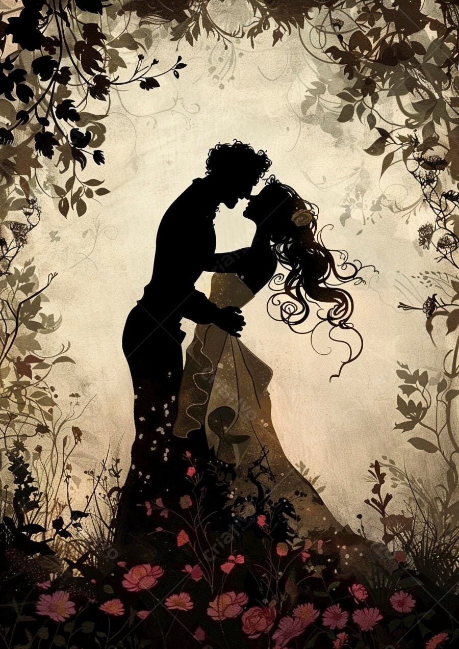 Casal silhueta se beijando em jardim encantado com flores rosadas