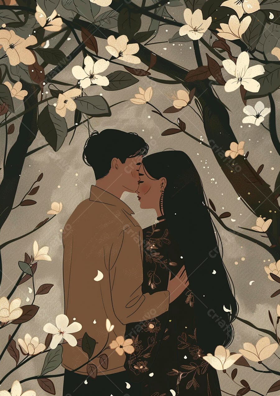 Casal asiático se beijando em jardim florido ilustração romântica