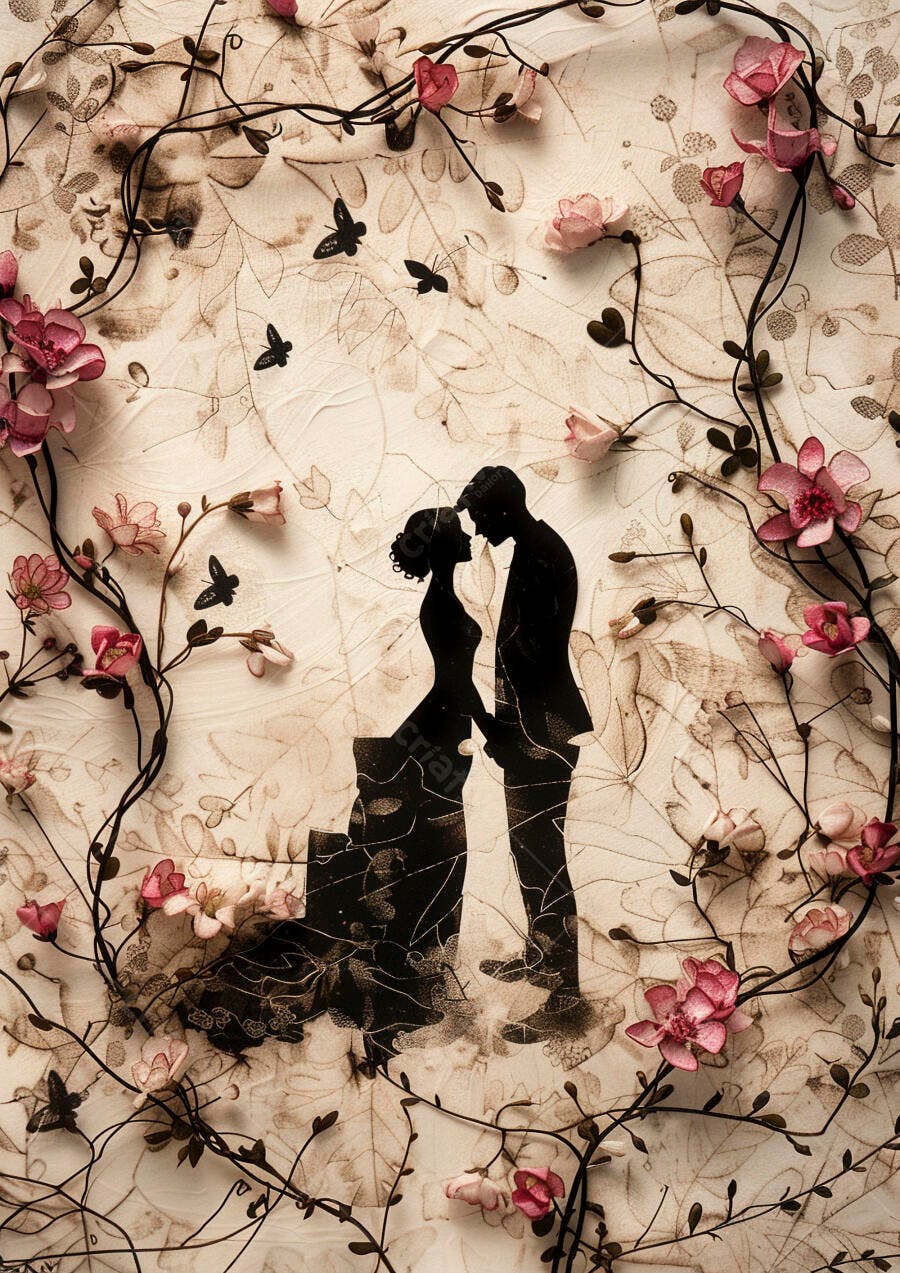 Casal romântico silhueta emoldurado por flores cor de rosa e borboletas