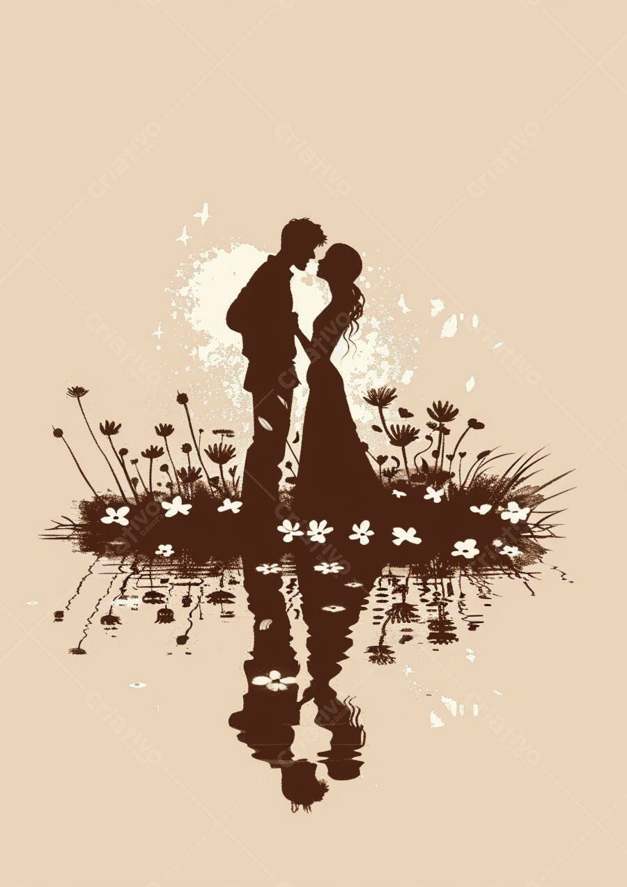 Casal romântico em silhueta se beijando com flores e reflexo na água serena
