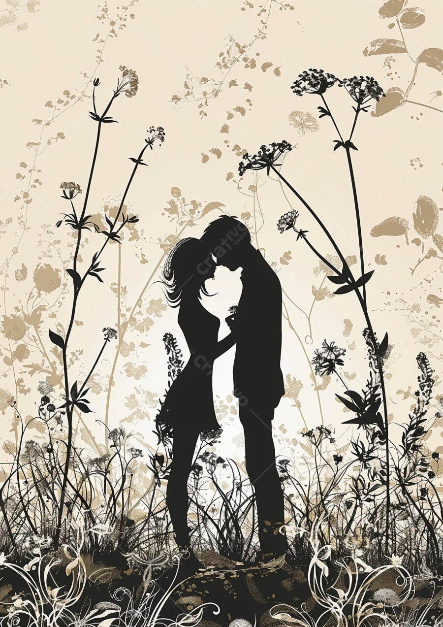 Casal em silhueta beijando-se em campo de flores ilustração vintage