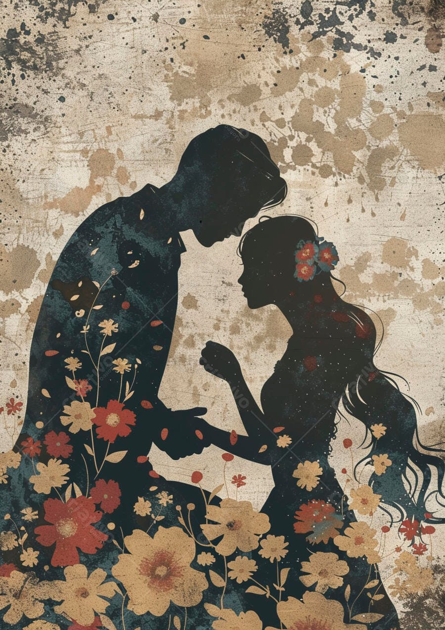Silhuetas de casal apaixonado com flores vermelhas e bege em fundo texturizado vintage